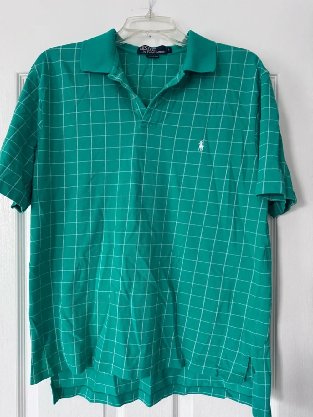 Polo Ralph Lauren Mens Large Teal Green Windowpane Polo Classic Preppy Luxury